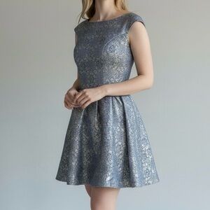 Chi Chi London Fit Flare Dress Size 8 Blue Gold Jacquard Sleeveless Mini